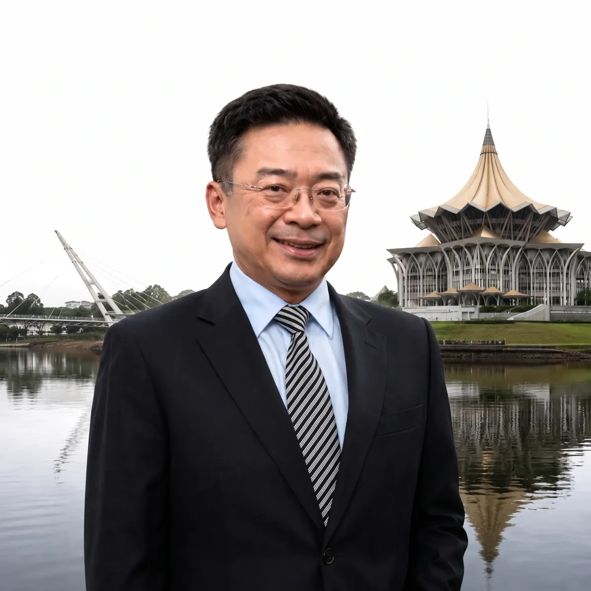 George Lo, founder of George Lo & Partners, by the Sarawak River in Kuching with the State Legislative Assembly building behind him